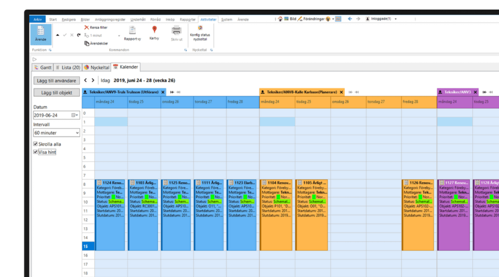 Kalendrar i underhållssystemet där ni kan se vem som har tid att uföra fler arbetsorder